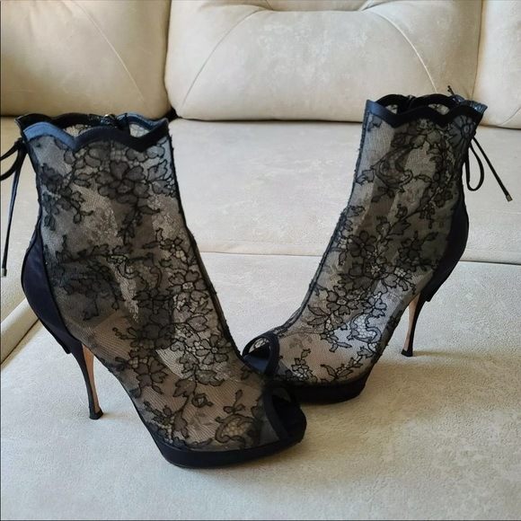 Dior Lace And Satin Mock Lace Up Peep Toe Booties - Picture 5 of 10